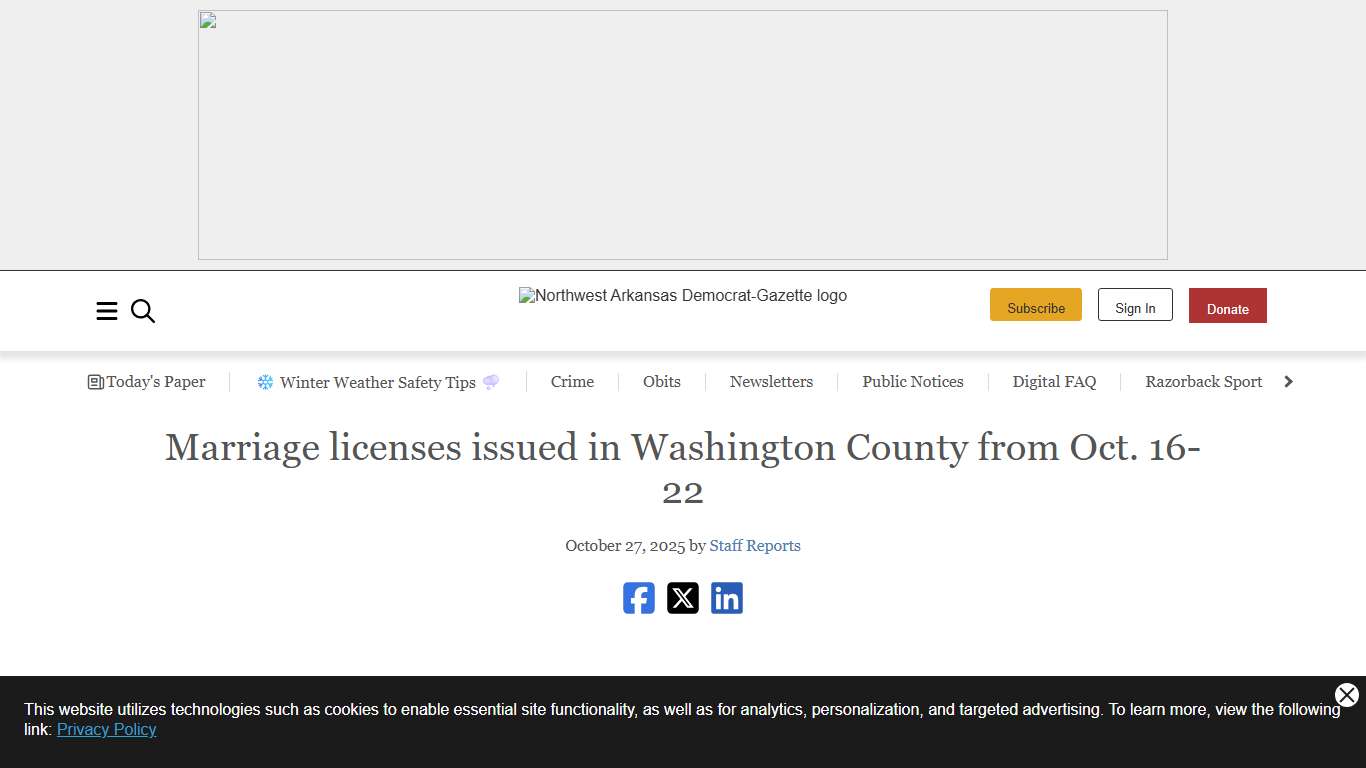 Marriage licenses issued in Washington County from Oct. 16-22 Northwest Arkansas Democrat-Gazette