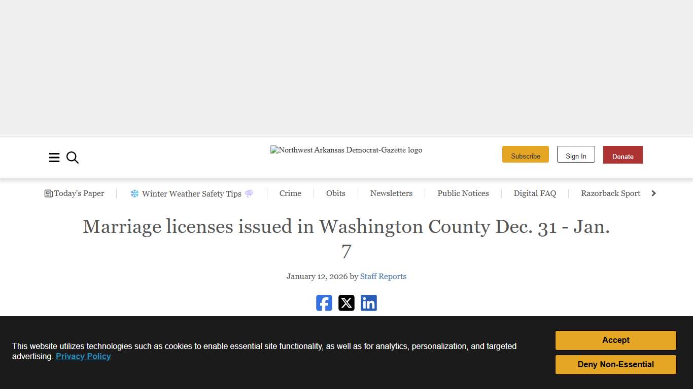 Marriage licenses issued in Washington County Dec. 31 - Jan. 7 Northwest Arkansas Democrat-Gazette