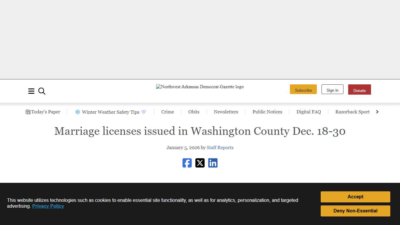 Marriage licenses issued in Washington County Dec. 18-30 Northwest Arkansas Democrat-Gazette